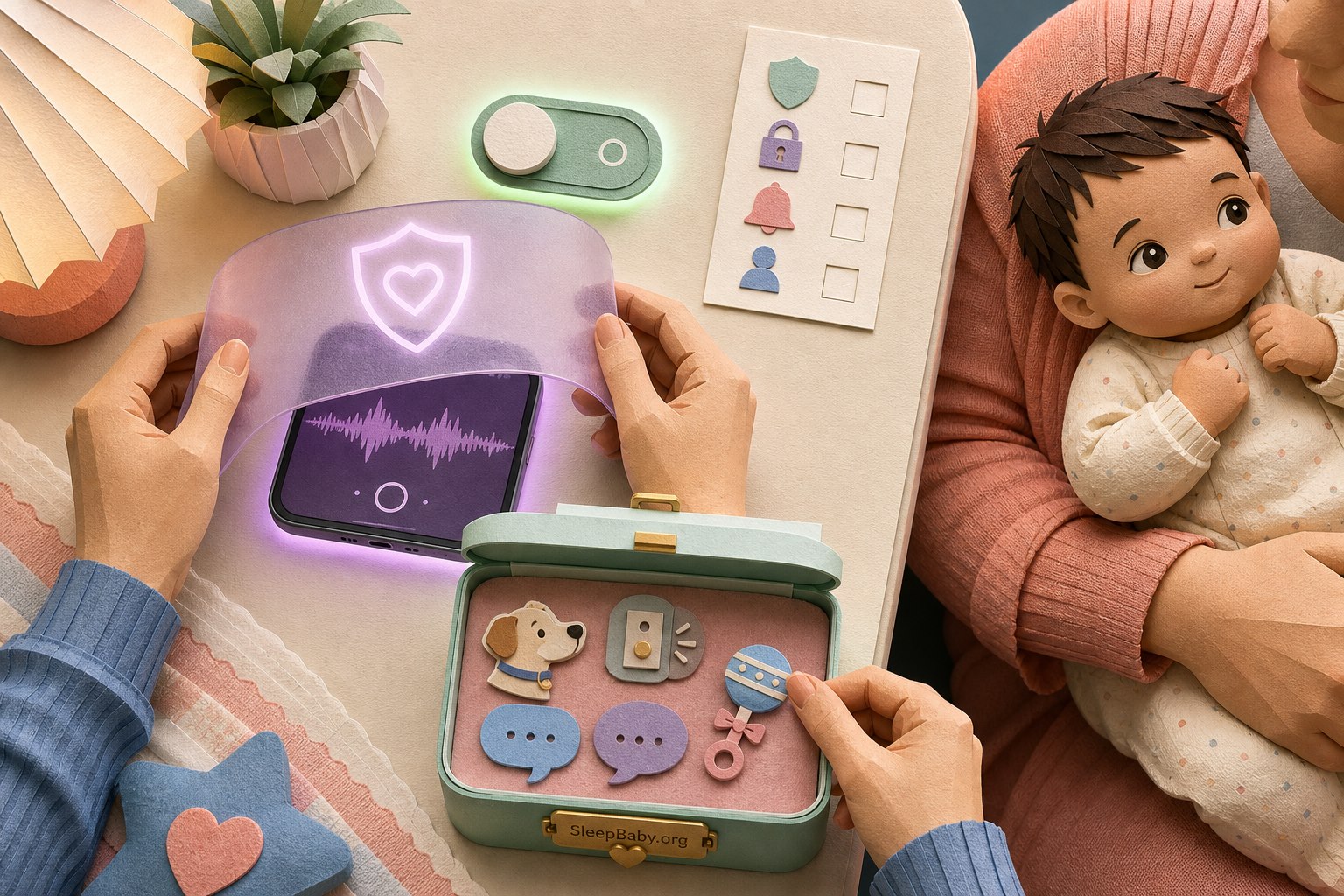 Papercraft illustration shows hands covering a phone waveform with a privacy shield while household sound icons are gathered into a closed keepsake box beside an awake baby.