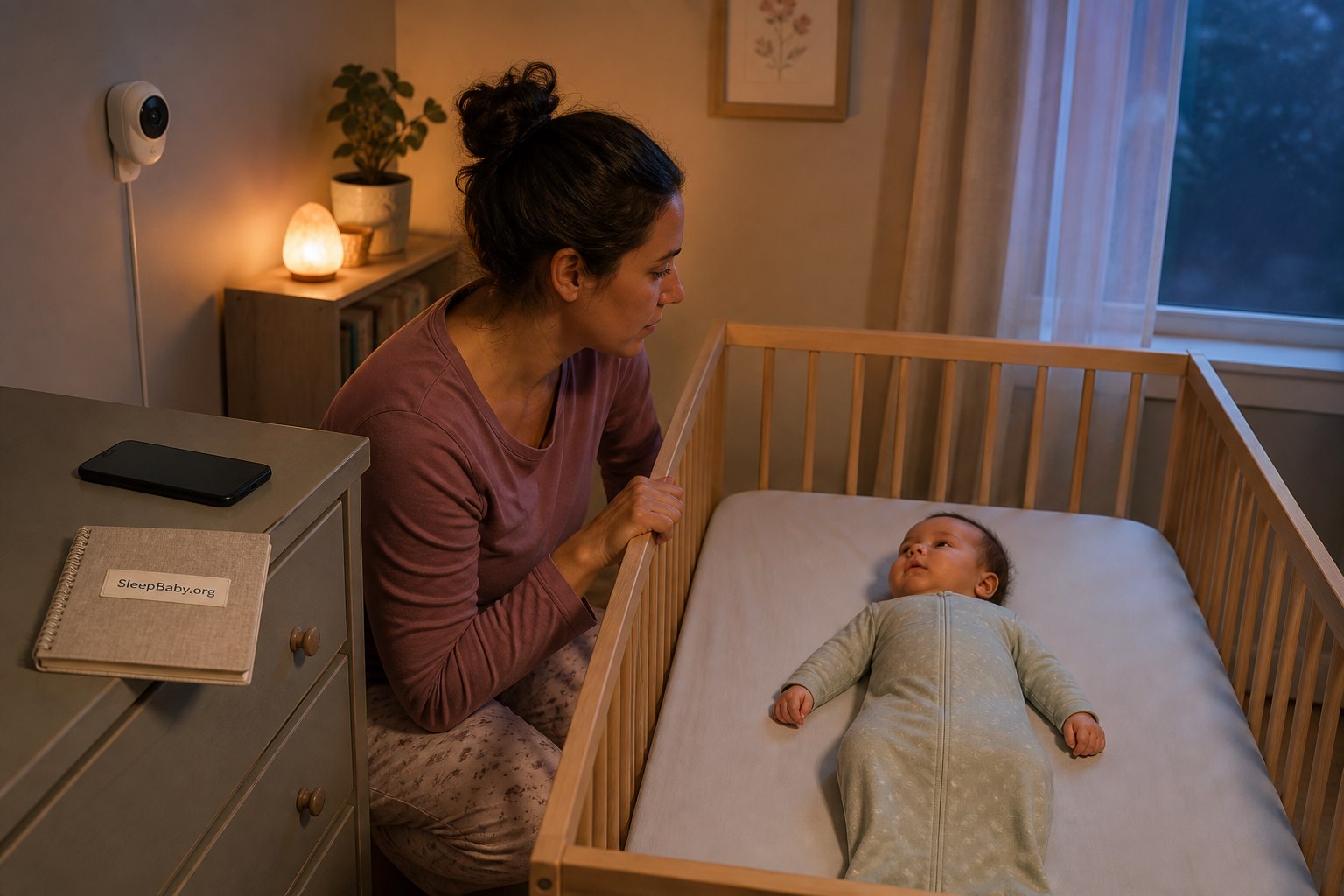 Mother kneels beside an empty crib to look at her baby while the phone rests face down and a notebook reads SleepBaby.org.
