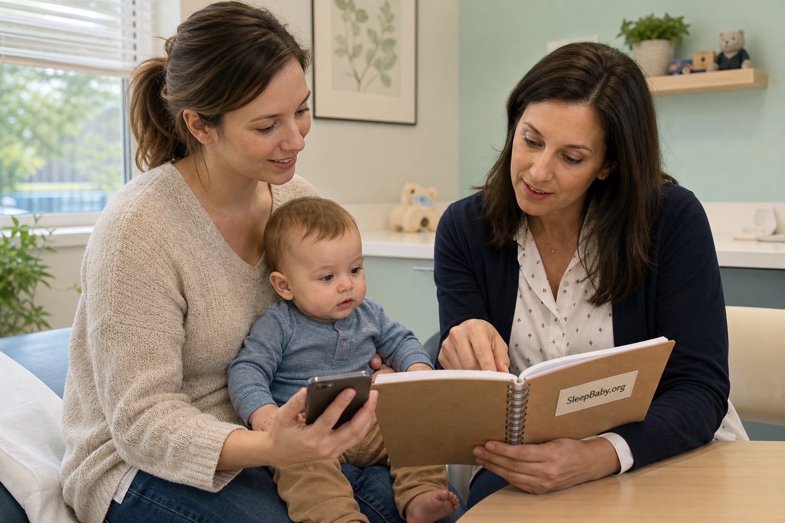 Parent and pediatrician review a monitor alert log together while the baby rests nearby and a notebook reads SleepBaby.org.