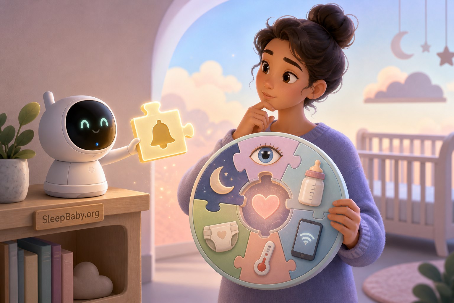 Illustrated parent holds a wheel of baby, room, sleep, and connection clues while a monitor offers one glowing alert puzzle piece.