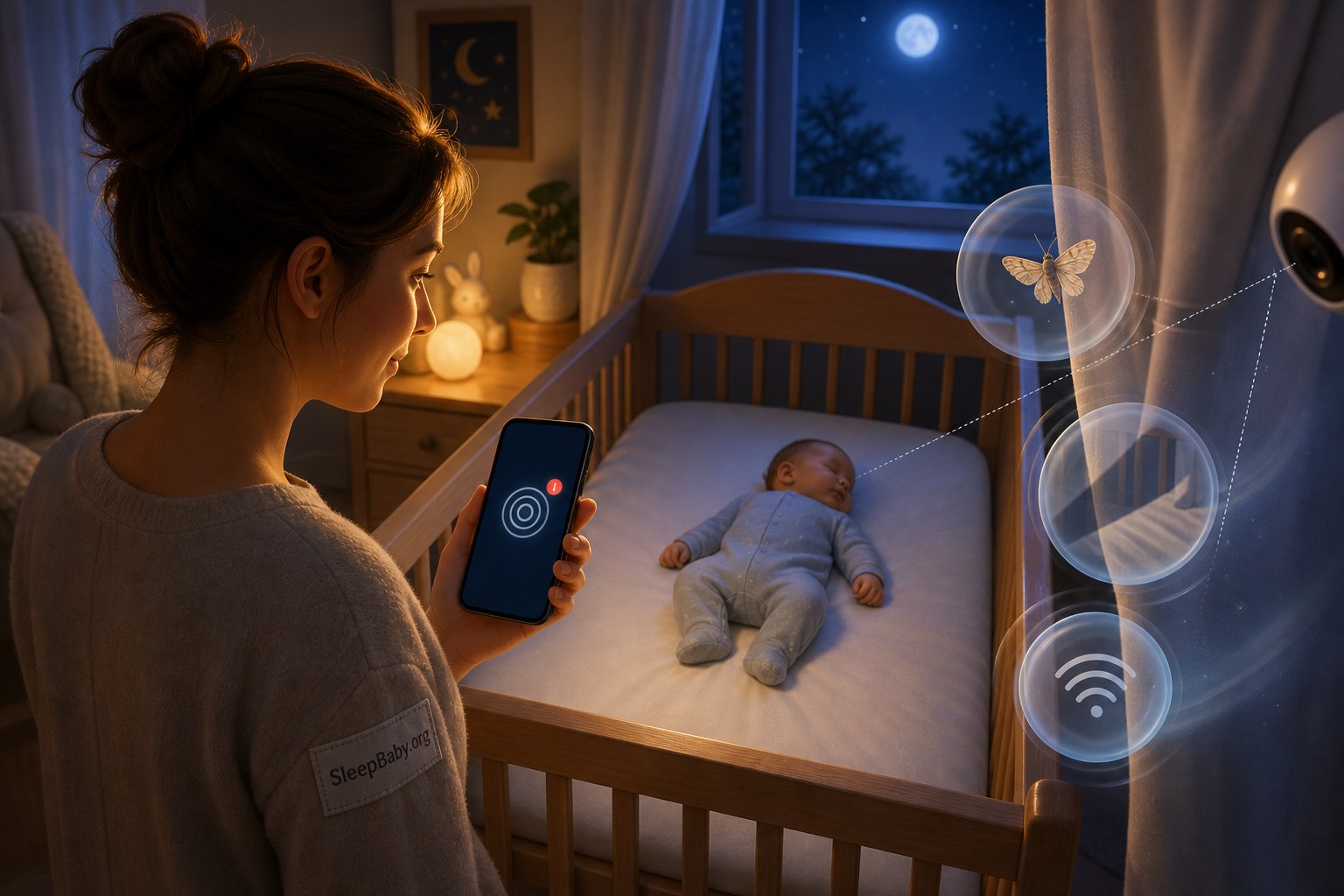 Illustrated parent compares a phone motion alert with a sleeping baby while bubbles show a moth, curtain shadow, and Wi-Fi signal in the camera view.