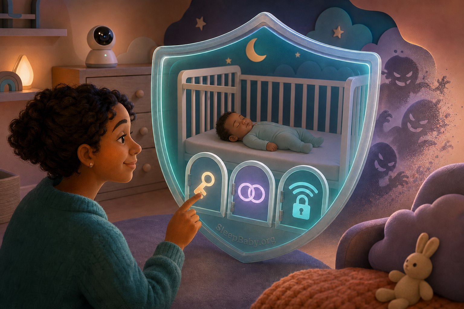 Illustrated parent closes key, two-step sign-in, and Wi-Fi lock gates on a shield protecting a nursery camera feed.