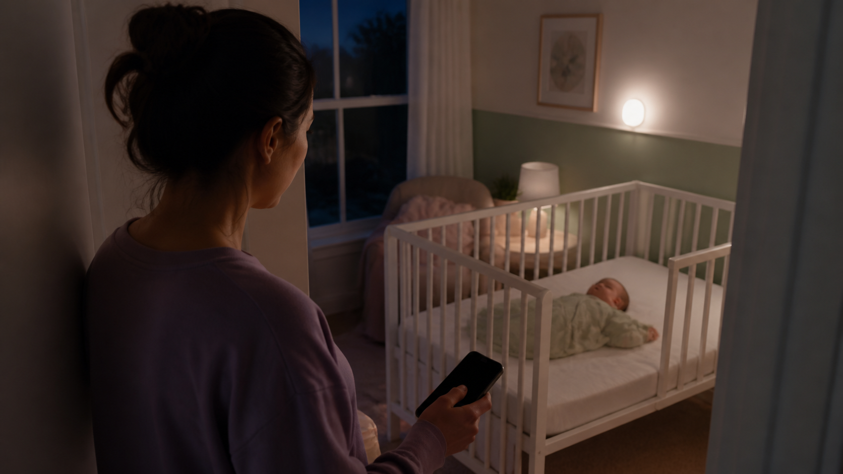 Parent holds a dark phone low while checking a baby sleeping on their back in a clear crib at night