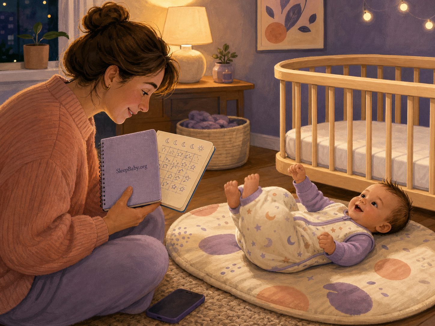 Caregiver studies a seven-day sleep note while an alert baby plays beside an empty crib.