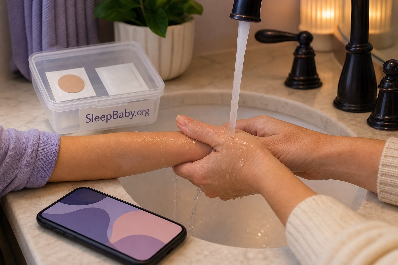 Adult gently rinses a child's forearm while an intact removed patch and packet rest in a closed tray labeled SleepBaby.org beside a phone.