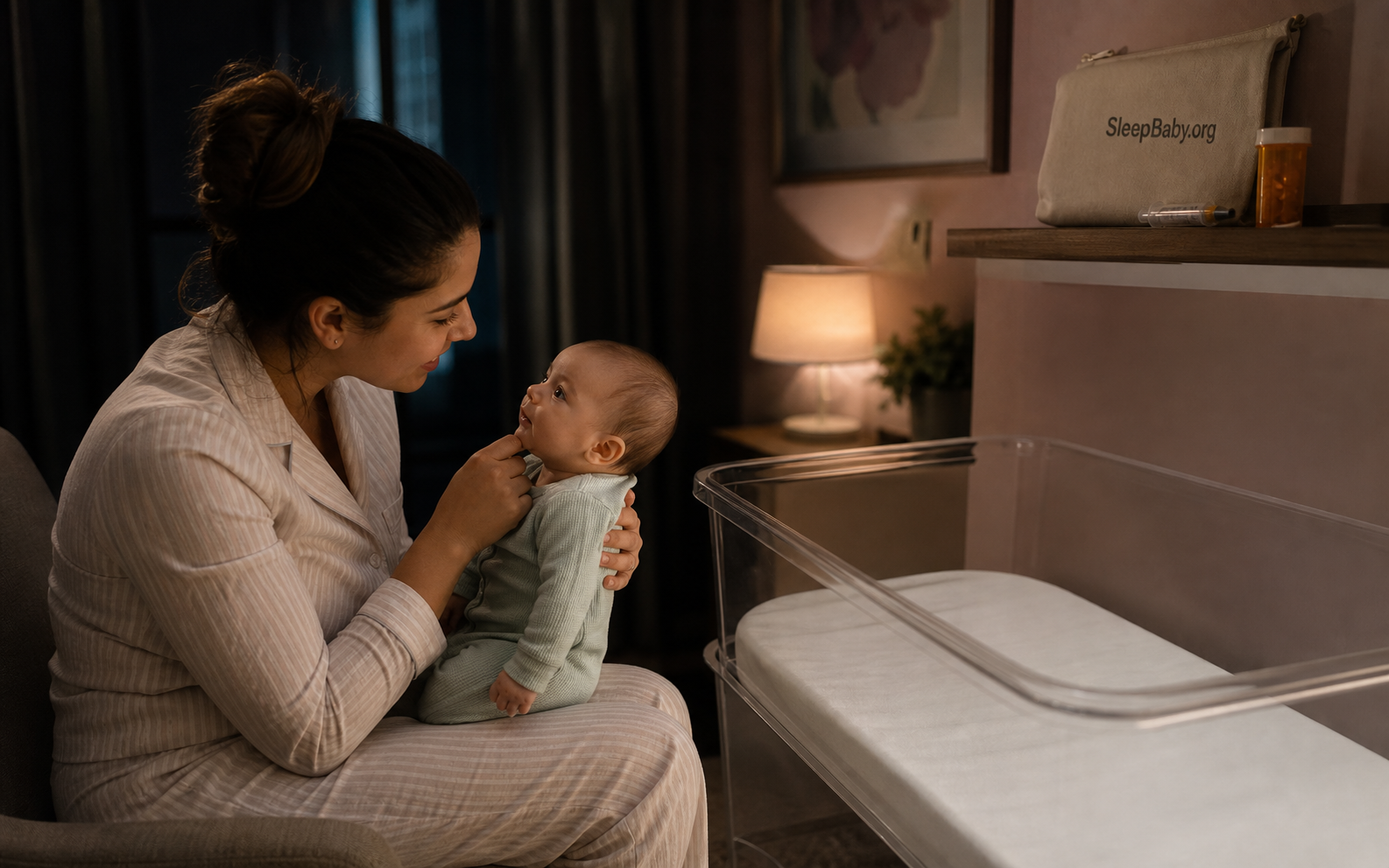 Awake caregiver checks an alert baby beside an empty clear bassinet while closed medicine stays secured on a high shelf