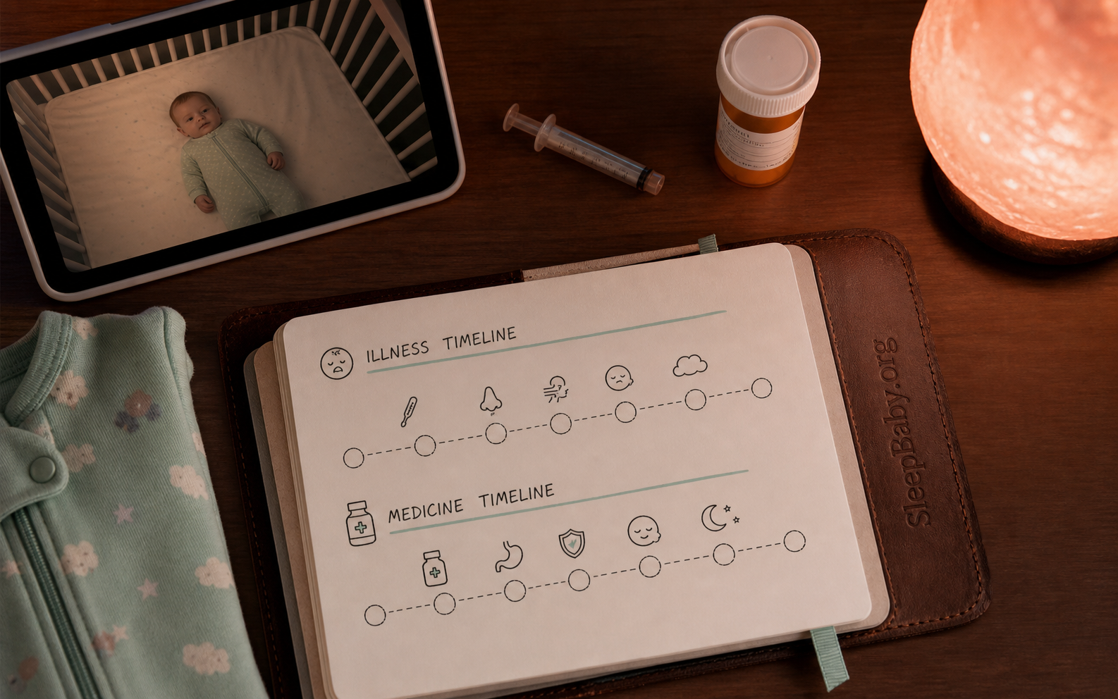 Two-lane illness and medicine timeline beside secured dosing supplies and a monitor showing an awake baby in an empty crib