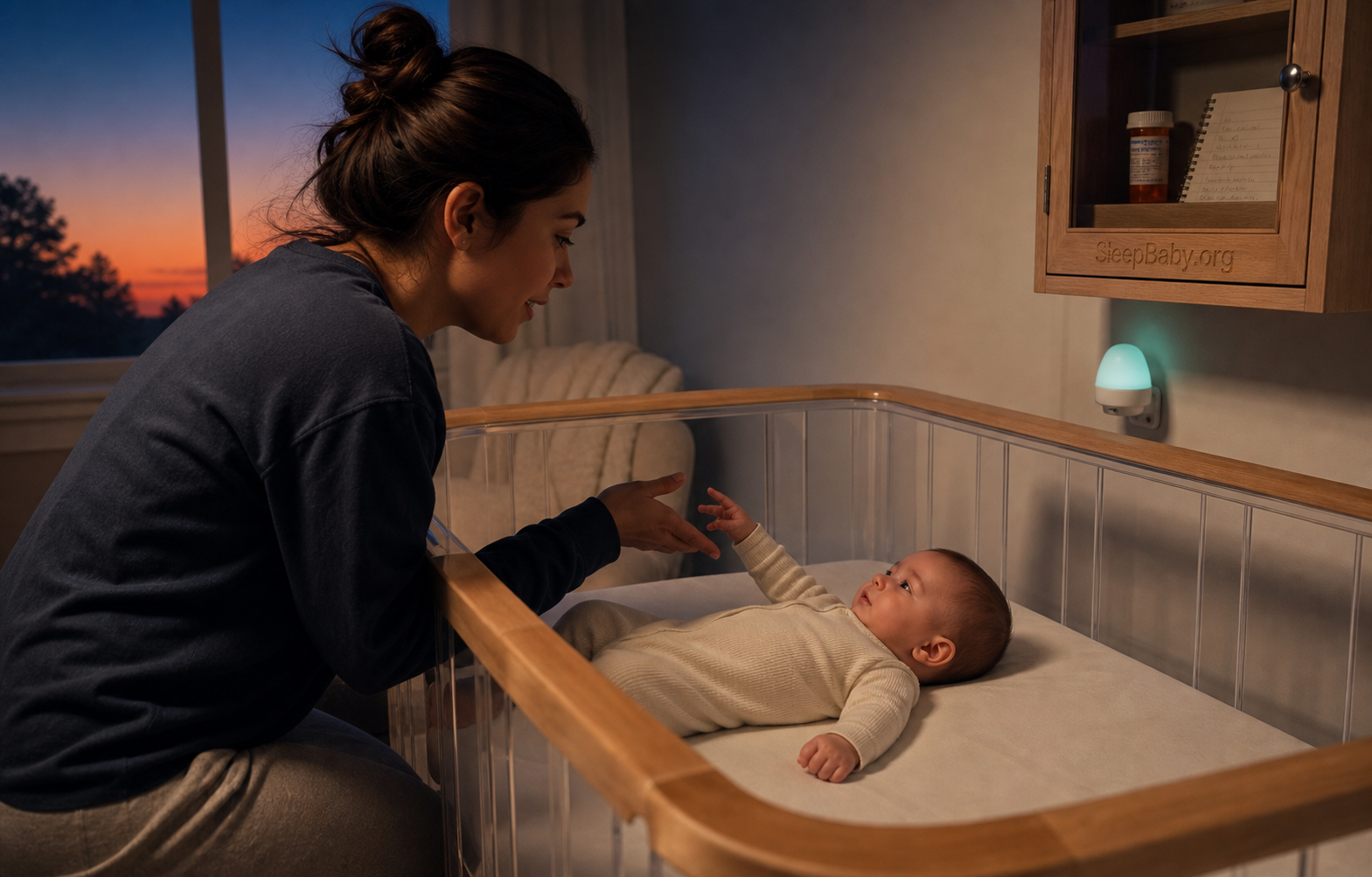 Caregiver checks a waking baby's eye contact and breathing in an empty clear crib while medicine remains secured away