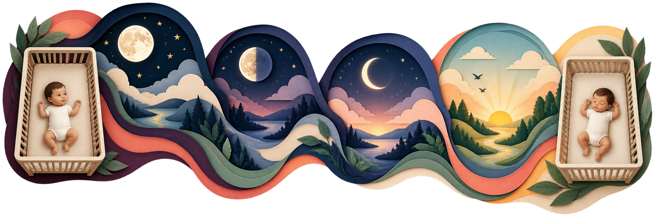 A bedtime path moves from an awake baby in a bare crib through changing moon phases to restful sleep at dawn.