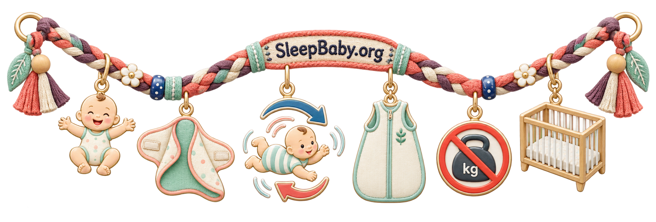 Rolling-stage swaddle charm ribbon with open baby arms, an unfastened wrap, free-movement marks and a crossed-out weight