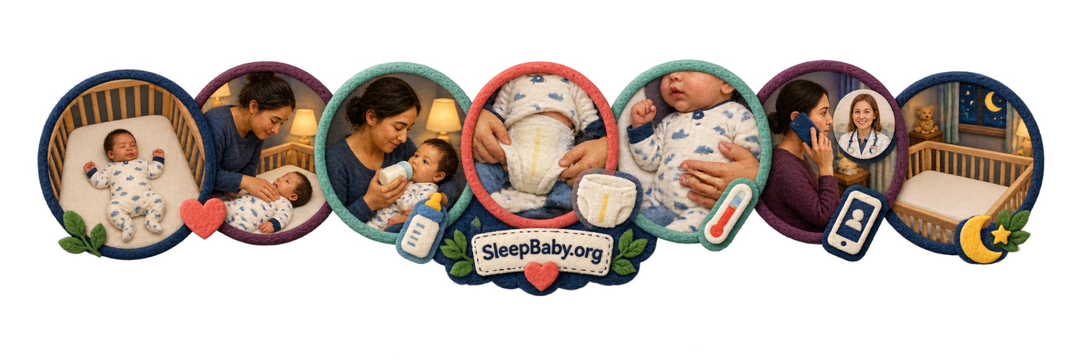 Transparent SleepBaby.org felt night map showing a baby in a clear crib, caregiver check, feeding, diaper, temperature clue, clinician call, and safe crib return.