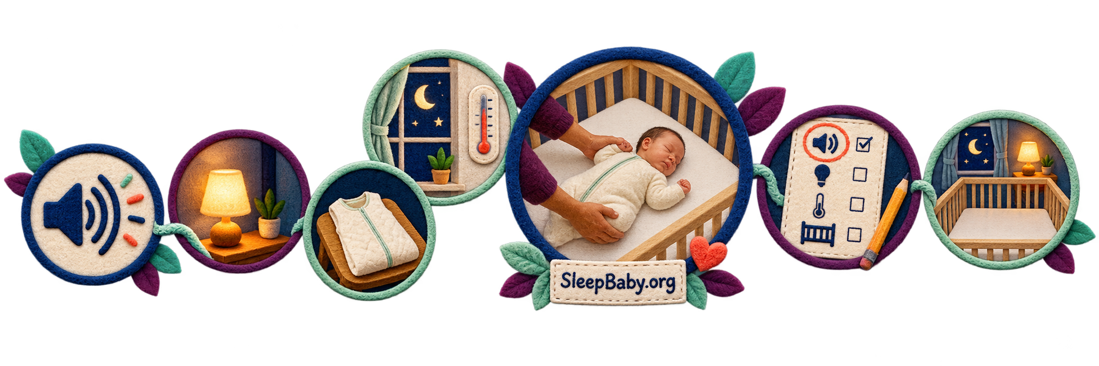 Transparent SleepBaby.org felt teaching rail showing sound, dim light, a folded sleep sack, room temperature, a safe crib transfer, one circled sound clue, and the next empty crib.