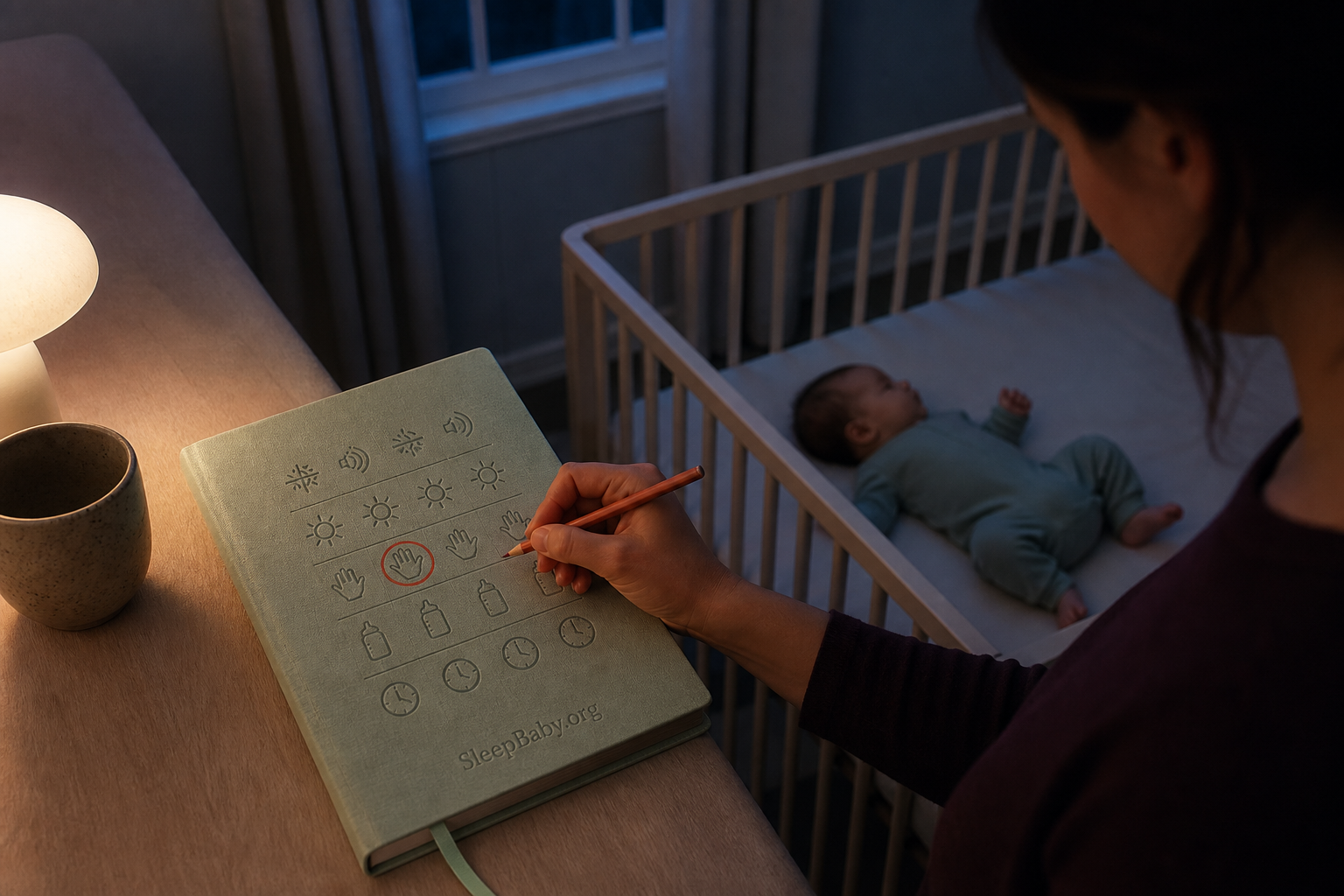 A parent circles one sensory icon in a SleepBaby.org log while an infant rests in an empty crib.
