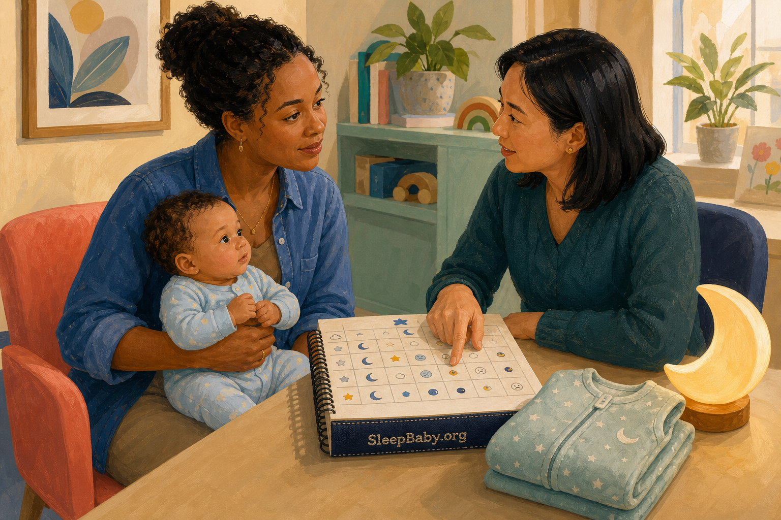 A parent holds an infant while a clinician reviews a SleepBaby.org night-pattern log beside a folded sleep sack.