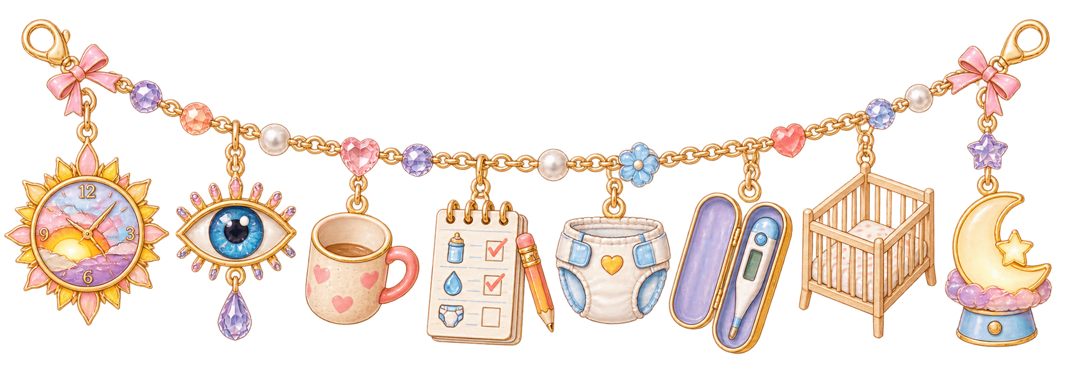 Worry ribbon with a daylight clock, awake eye, caregiver mug, baby checks, empty crib, and nightlight.