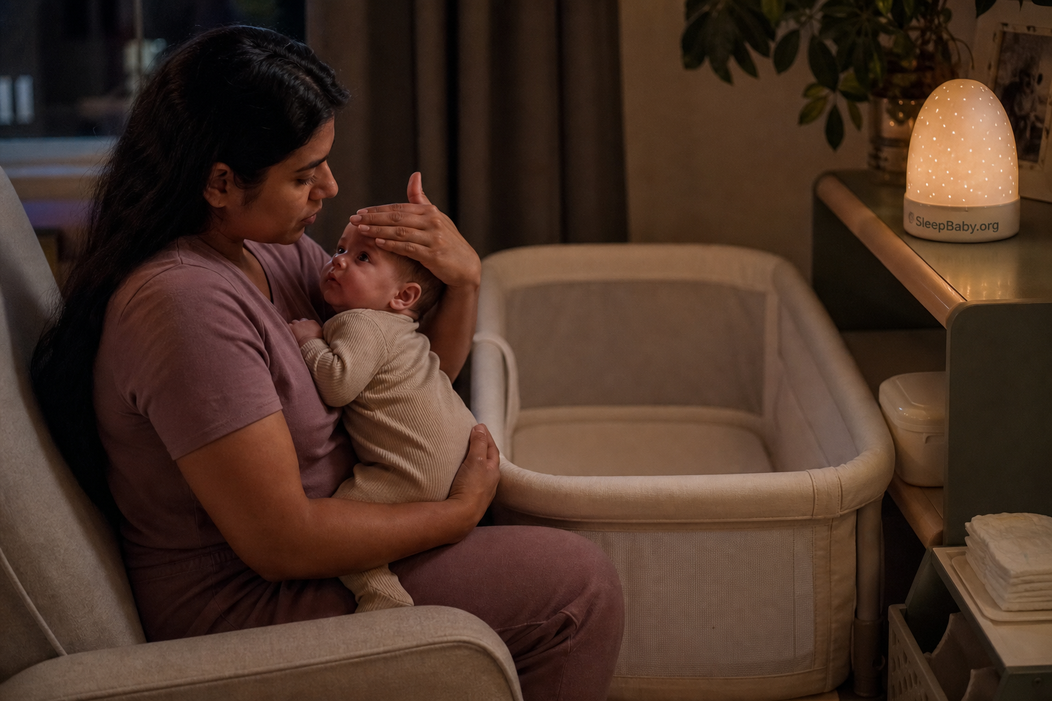 A caregiver gently checks an awake baby's forehead under low practical light while an empty bassinet waits nearby.