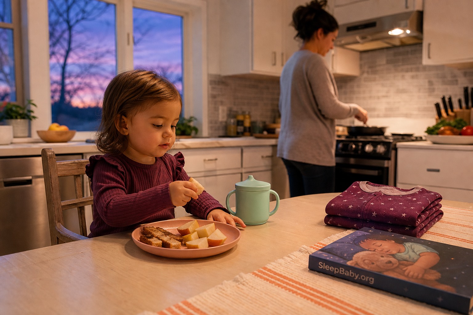 A fully awake toddler sits upright with a small balanced snack while pajamas, a bedtime book, and dim evening lights wait nearby.
