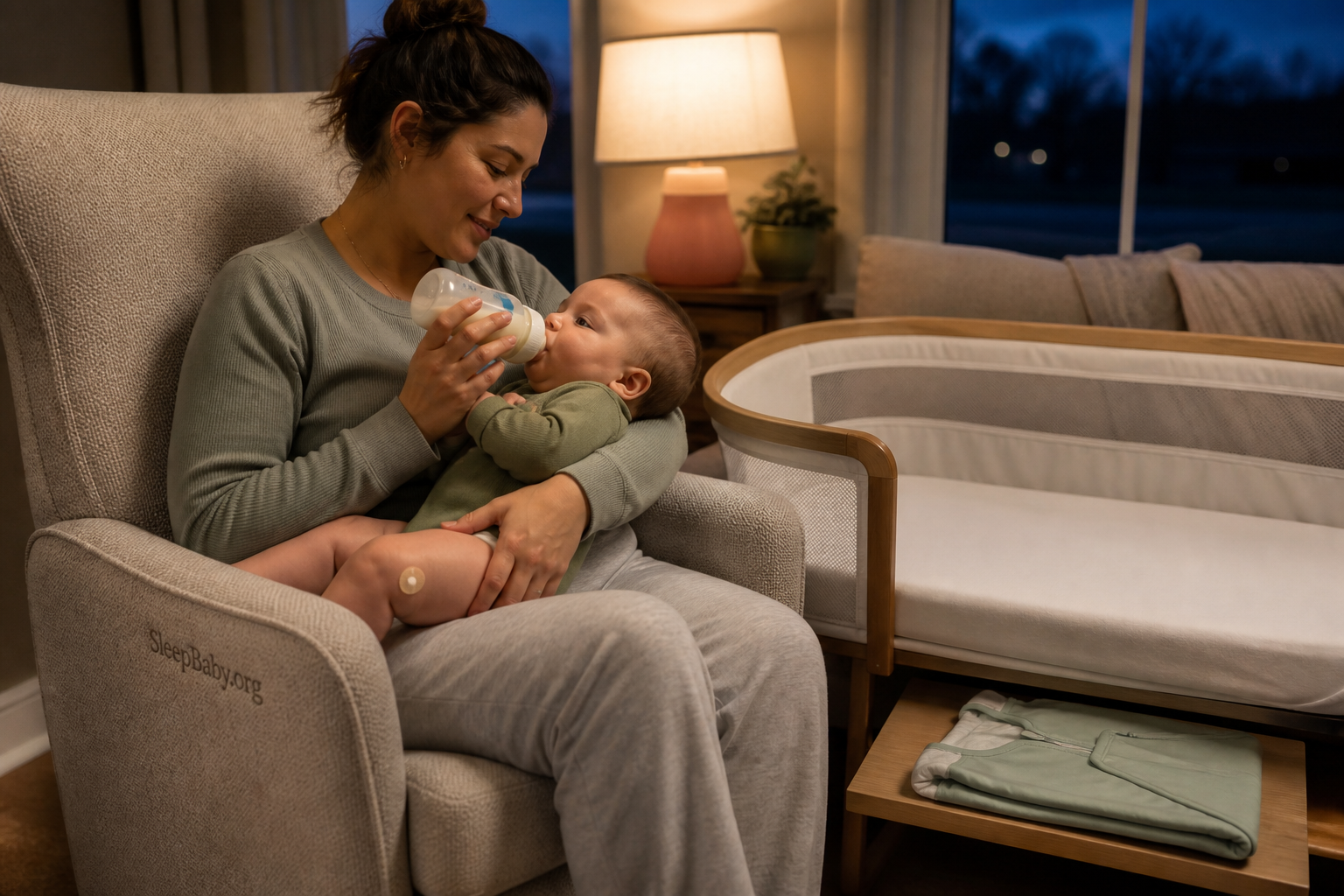 An awake baby receives a comfort feed after vaccines beside an empty bassinet prepared for the next sleep