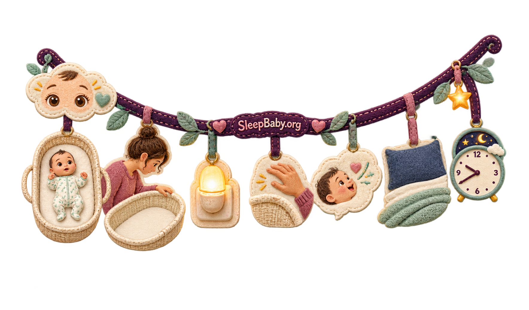 Transparent rail shows an awake baby, clear bassinet, released hands, nightlight, outside pillow, and clock.
