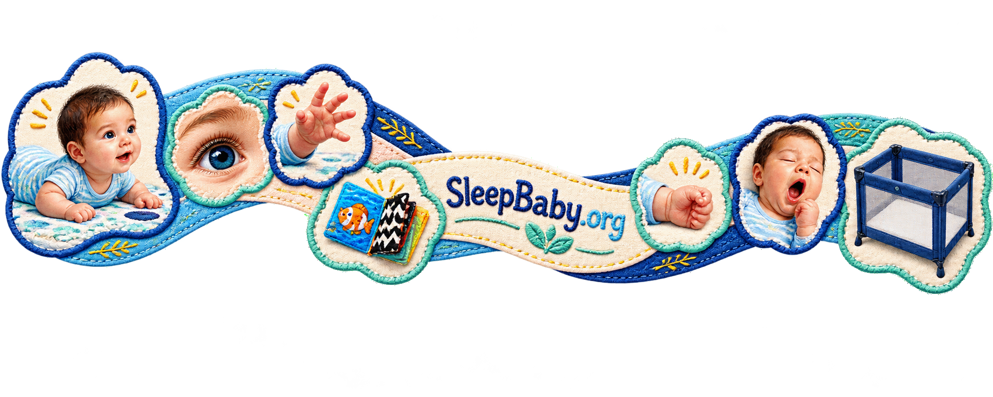 Patchwork rail moving from alert tummy time and reaching through a relaxed hand and yawn to an empty play yard