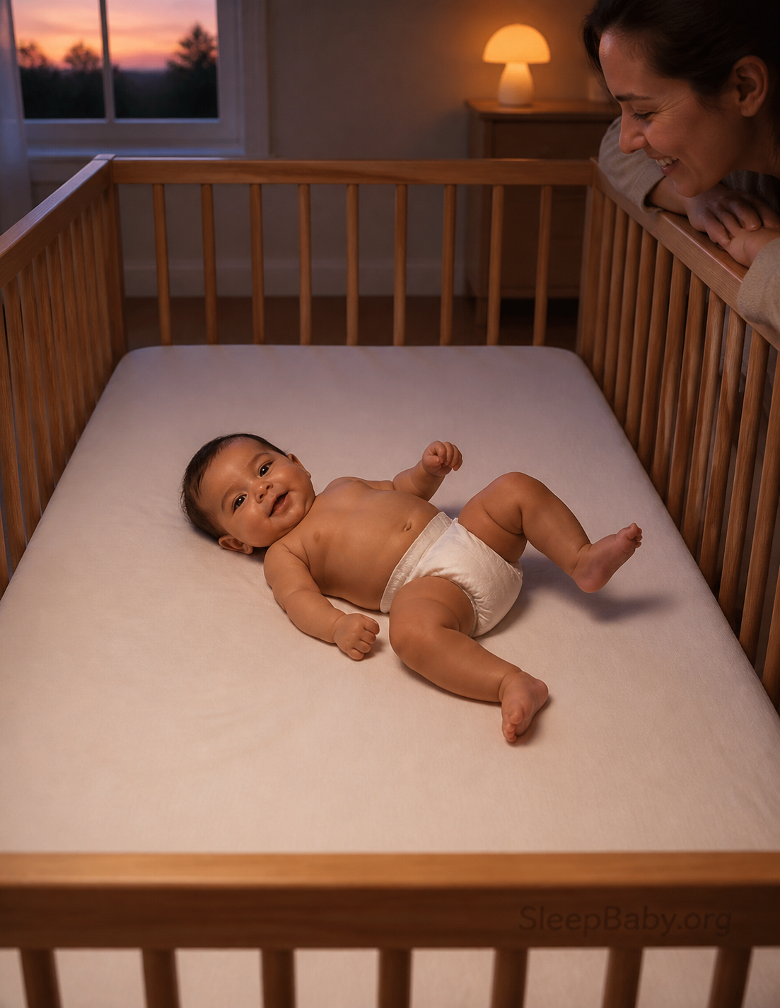 An alert rolling-age baby moves their legs on their back in a completely bare crib while a caregiver watches