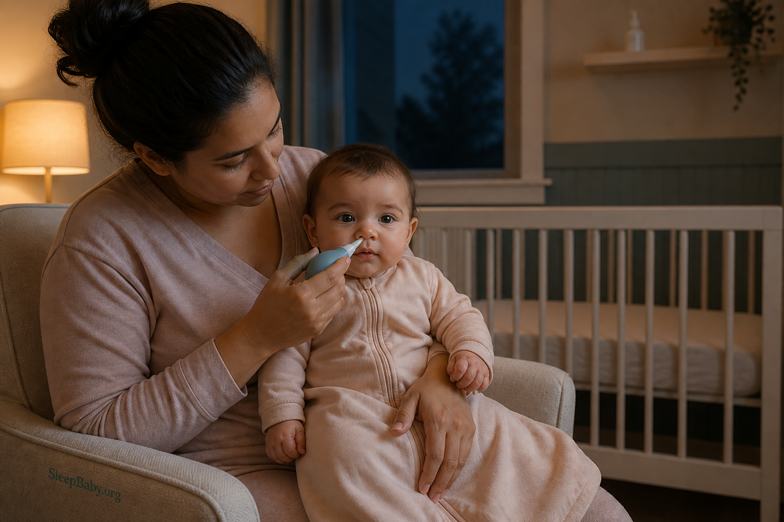 Caregiver uses a bulb syringe shallowly at an awake baby's nostril with an empty crib behind them