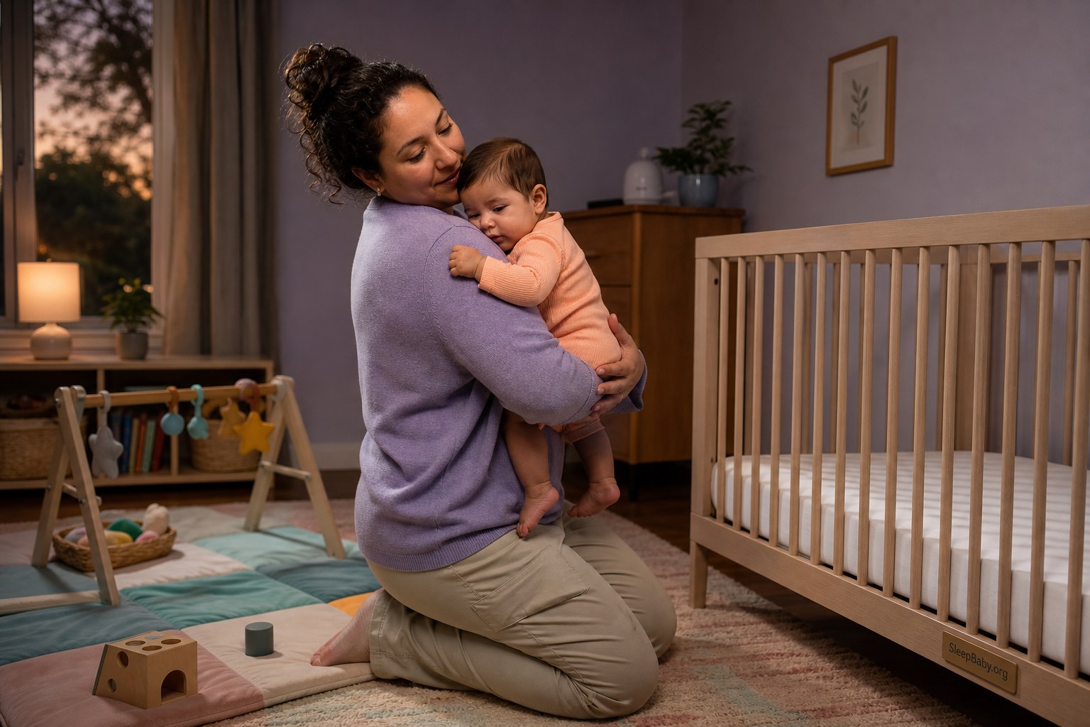 Caregiver holds a drowsy baby upright beside a clear play mat and an empty crib with only a fitted sheet; a crib plaque reads SleepBaby.org.