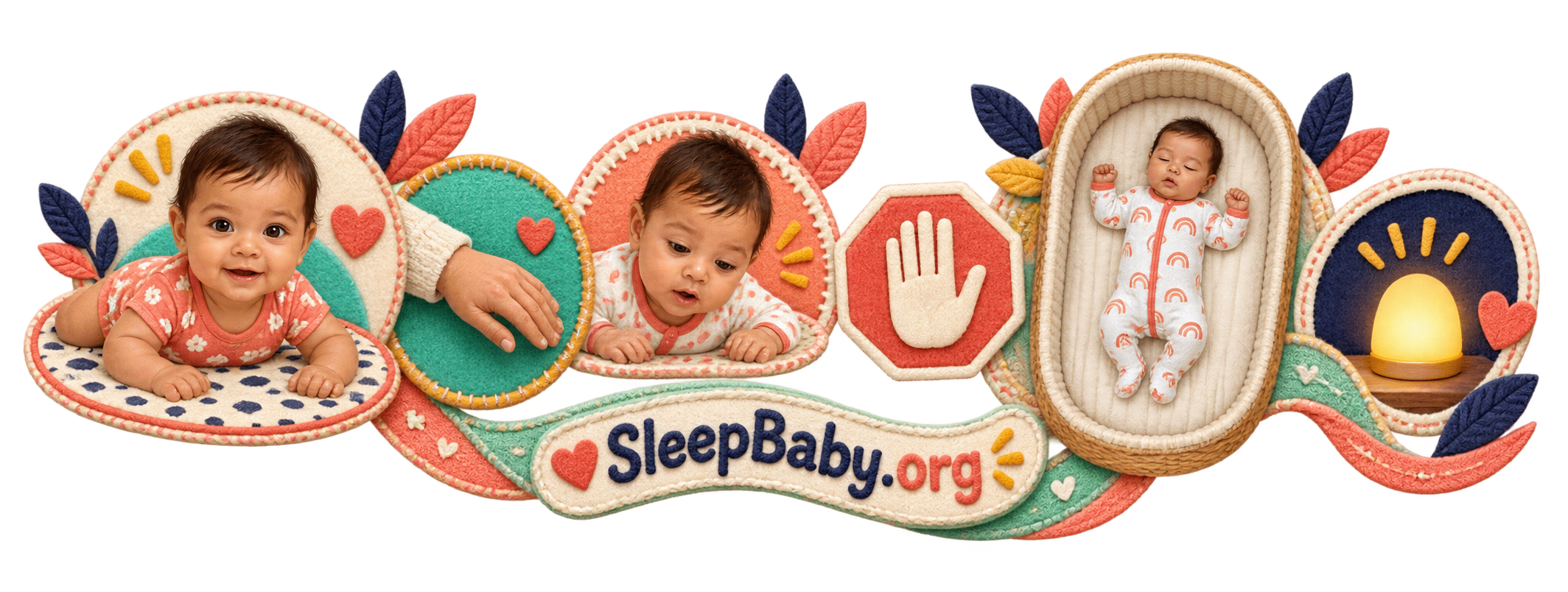 Felt scenes move from supervised awake tummy time through a pause cue to back sleep in an empty bassinet
