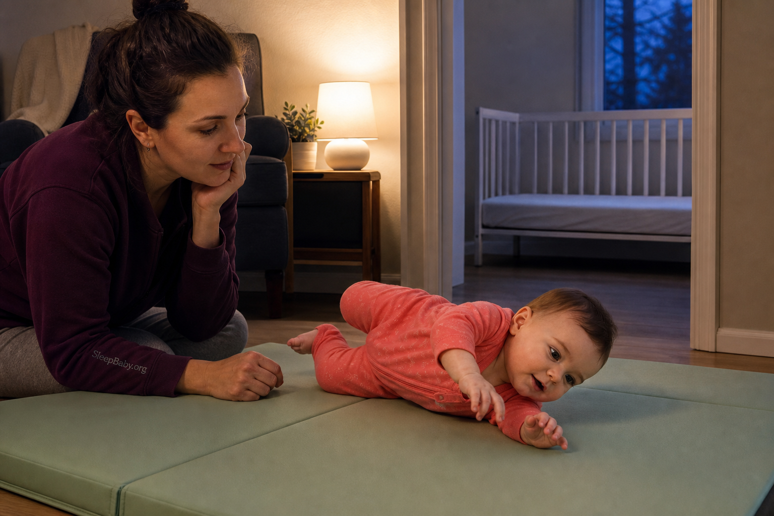 Caregiver watches an awake older baby practice a side roll on a mint floor mat while a bare crib waits in the next room.