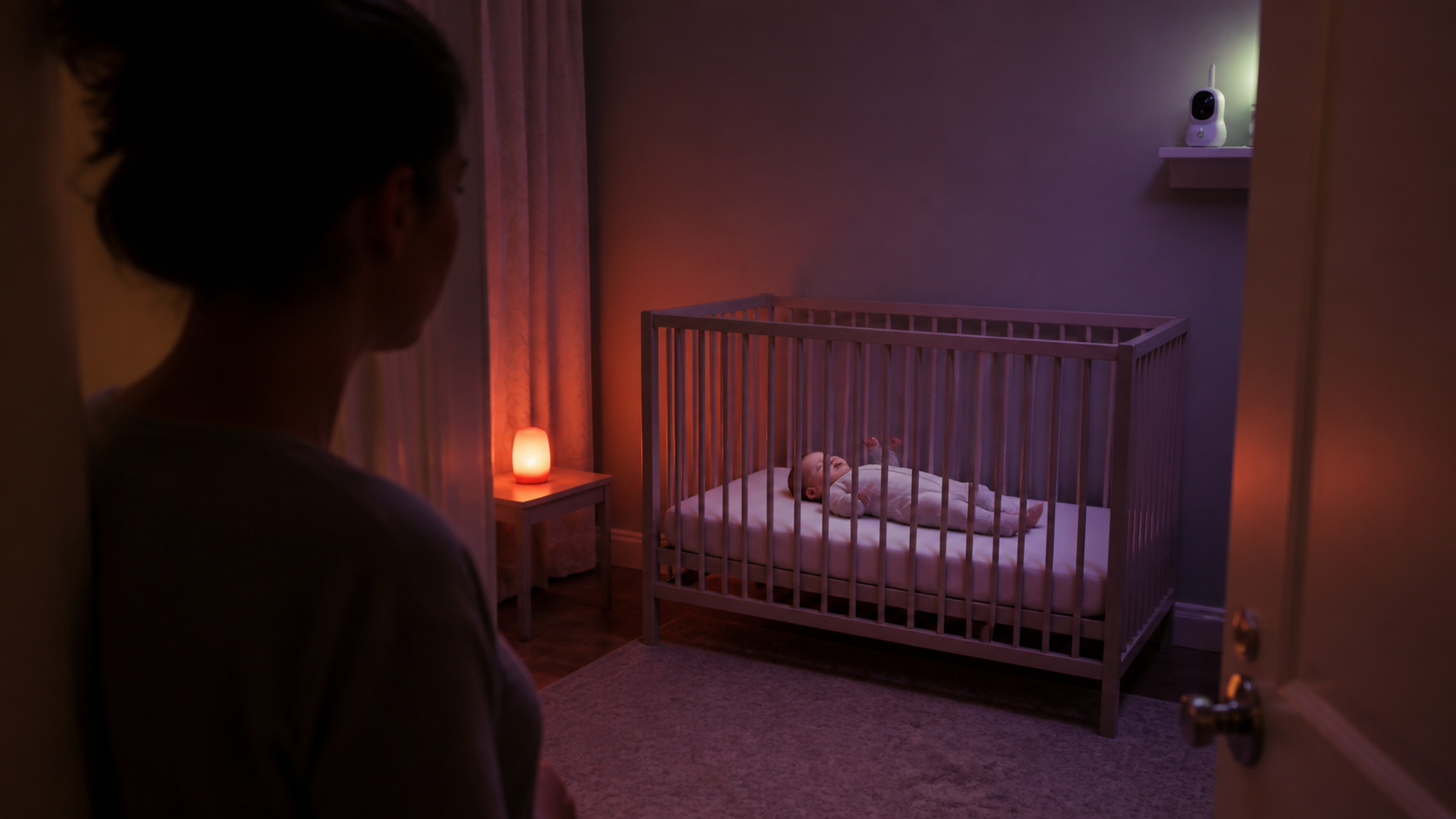 Caregiver pauses at a dim nursery doorway while a baby moves in active sleep on their back in an empty crib