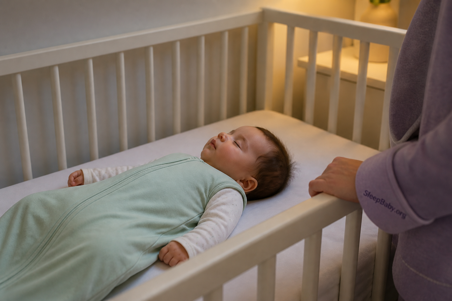 Close view of a baby sleeping safely on their back with closed eyes and relaxed hands while a caregiver watches from the crib rail