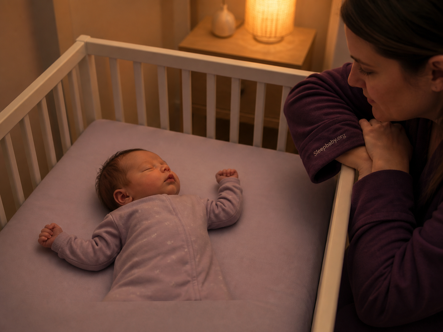 Caregiver watching a relaxed newborn with closed eyes and one moving hand during active sleep