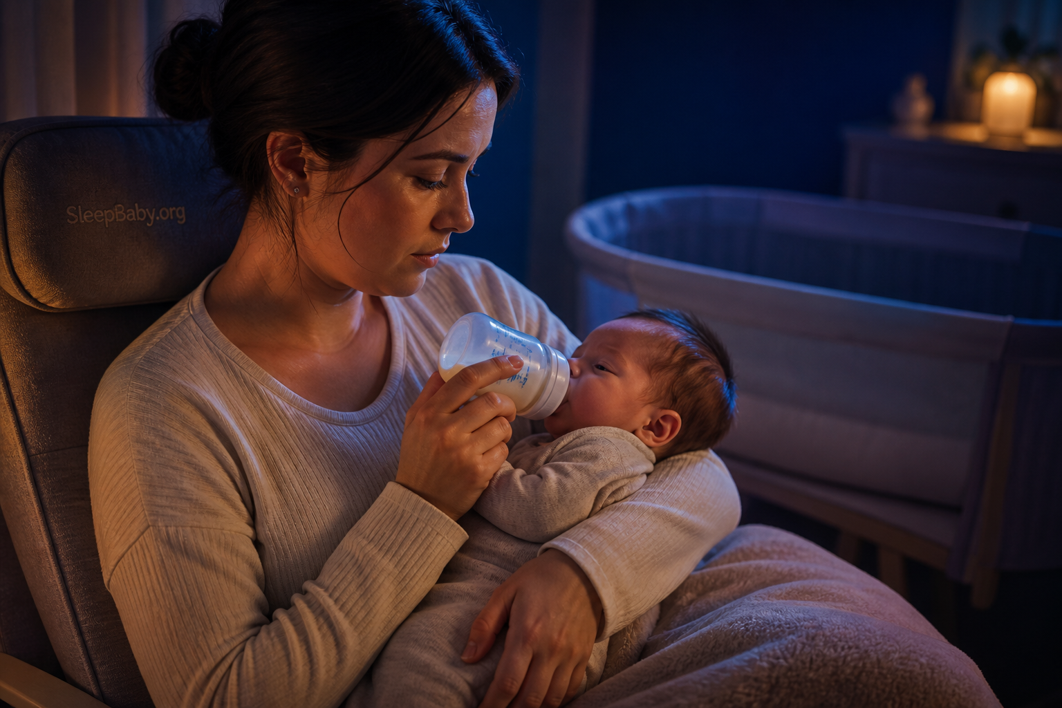 Awake caregiver observing a newborn's jaw during a nighttime bottle feed with an empty bassinet nearby