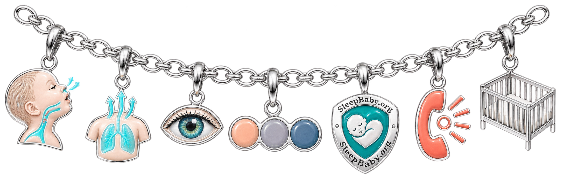 A charm ribbon links an open airway and rising chest with observation, color change, protection and an emergency call