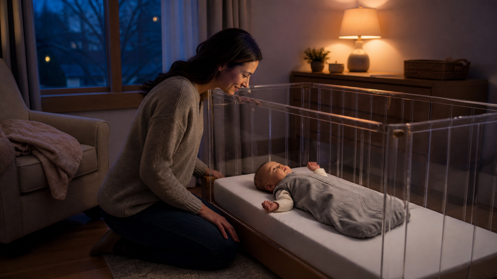 A parent kneels beside an awake baby lying on their back with both arms free in a clear crib at blue hour