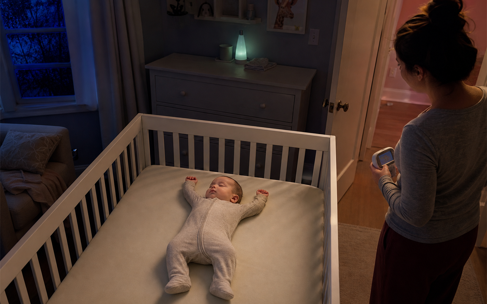 Baby sleeping on the back with both arms overhead in a bare crib as a caregiver checks from the nursery doorway
