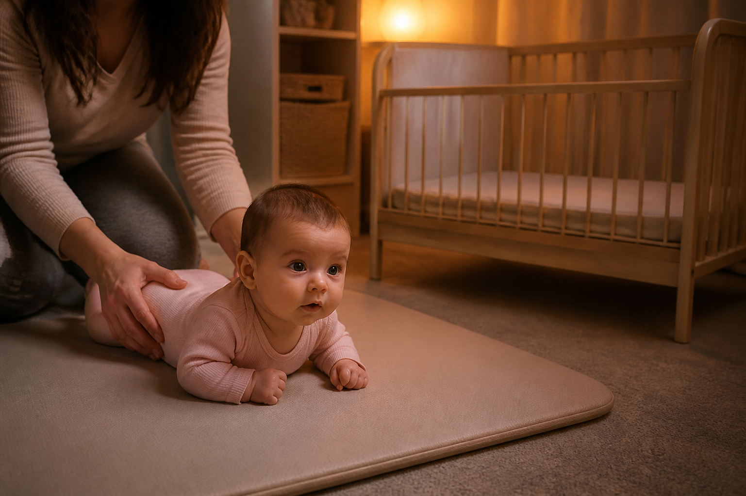 An alert baby on a tummy-time mat as a caregiver prepares to lift them beside an empty crib