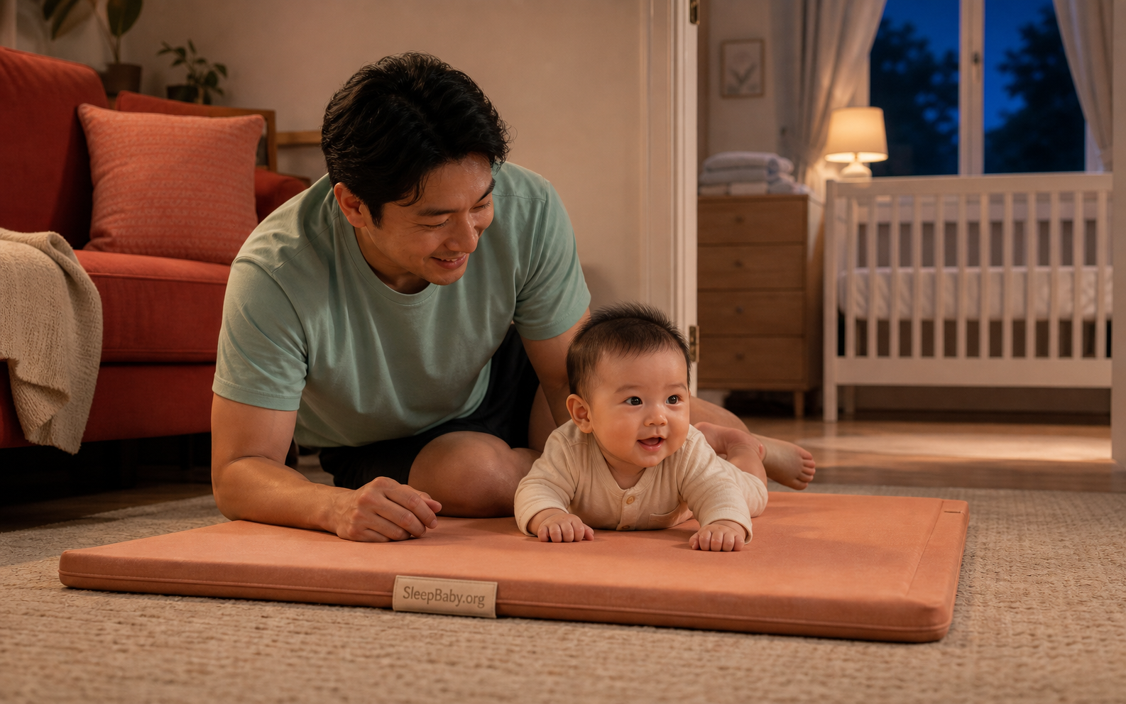 Father supervises his awake baby during tummy time with a pillow on the adult sofa and an empty crib in the next room.