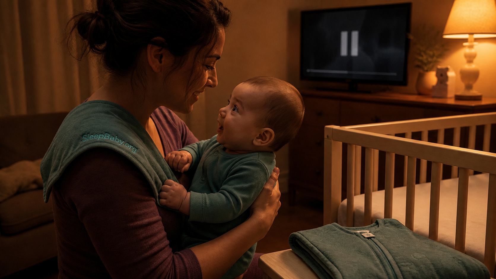 A caregiver turns from a paused television to engage face to face with an awake baby