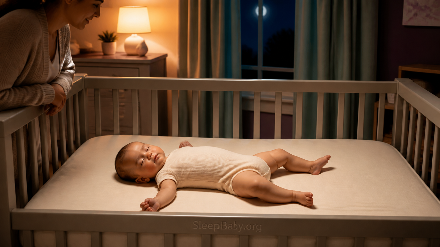 Baby moves freely while sleeping on their back in a bare crib.