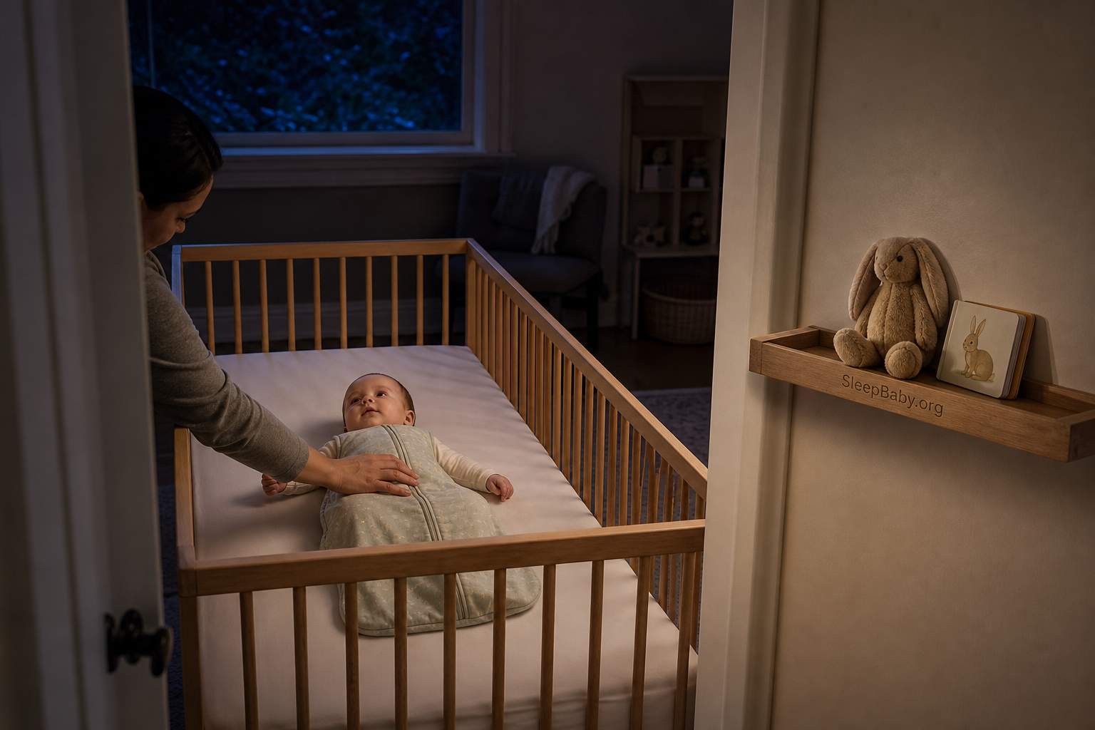 Baby lies on the back in a bare crib as a caregiver settles them and the bunny waits on a wall shelf