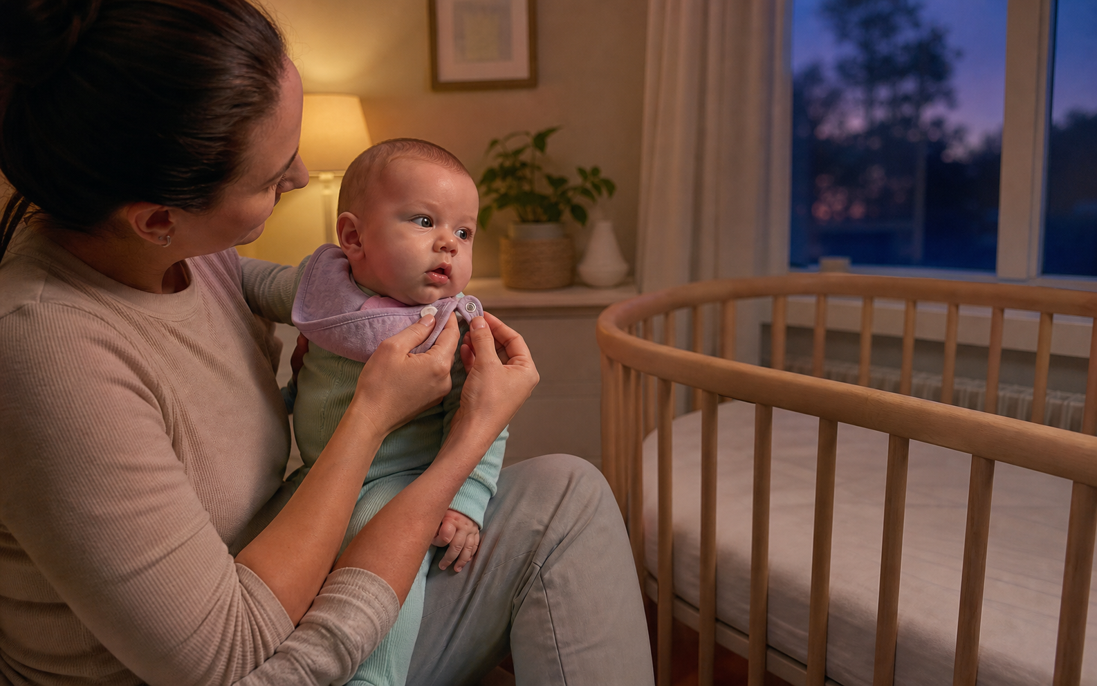 Bib-off handoff before a twilight nap Caregiver unfastens an awake baby's bib beside a bare crib at twilight