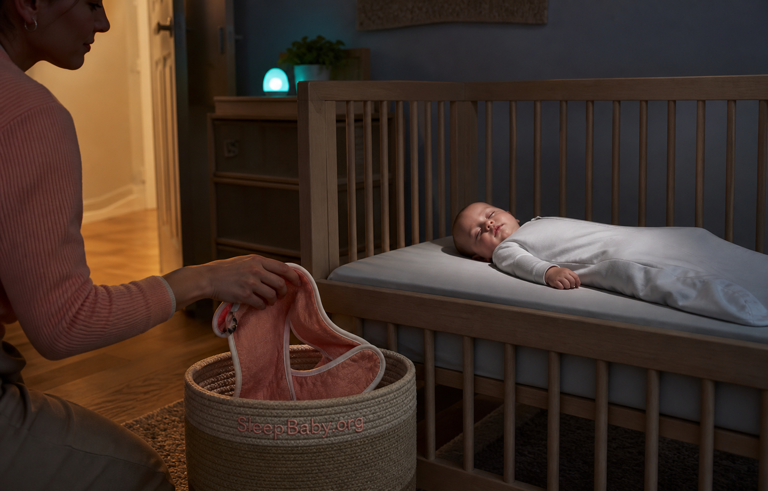 Removed bib outside a bare crib Open bib goes into a basket outside the crib as a bib-free baby sleeps on the back