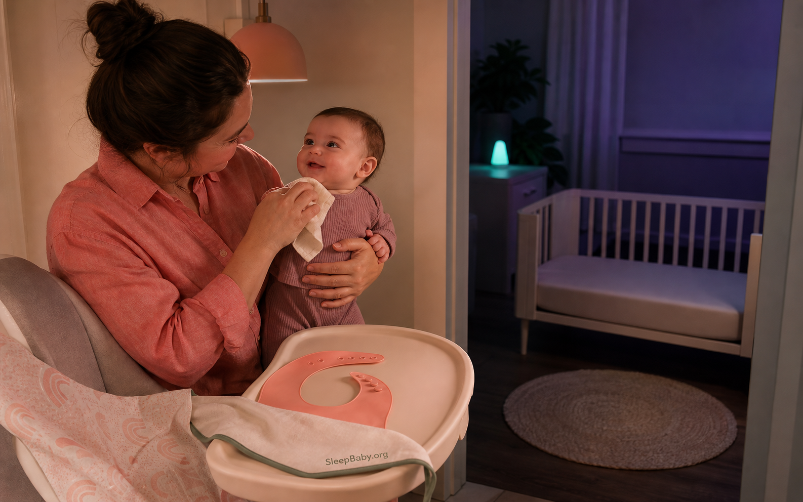 Awake feeding station with the bib set aside Awake baby held upright with the removed bib on the tray and a bare crib nearby