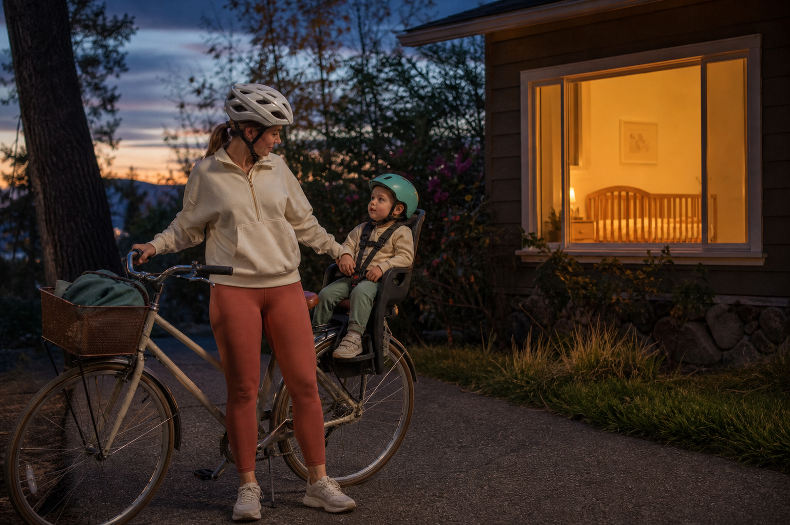 A caregiver steadies a stopped bicycle beside an awake helmeted toddler, with a bare crib visible through a warm window.