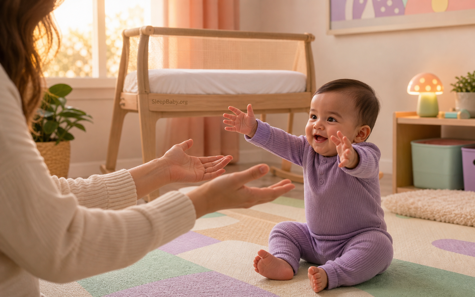 Awake baby reaches both arms toward a caregiver's open hands with an empty bassinet prepared in the background