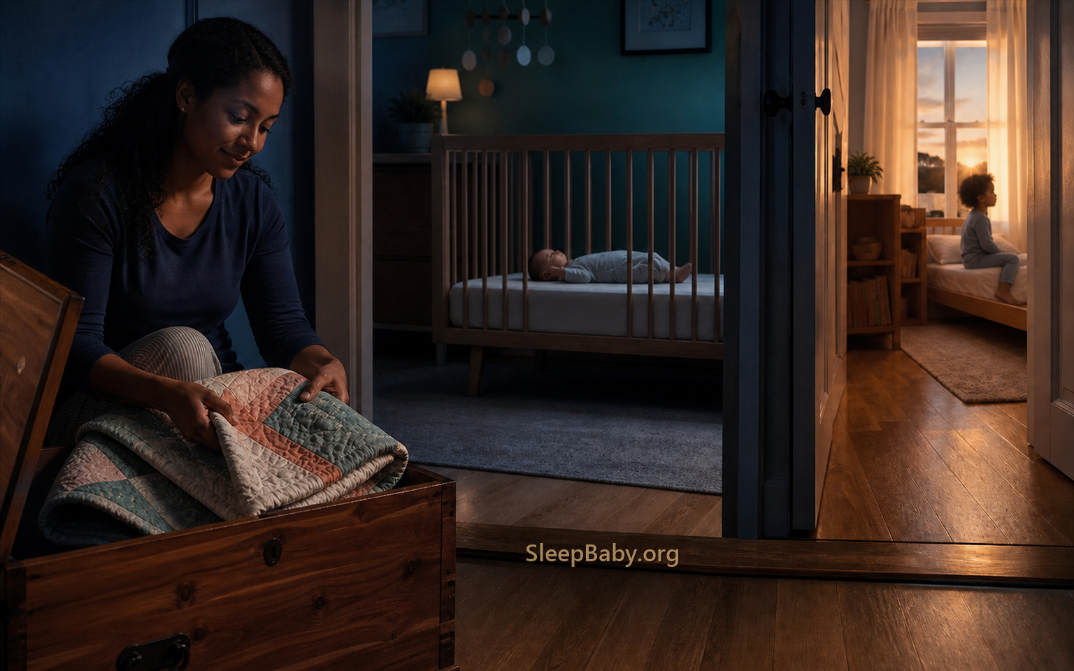 Caregiver stores a quilt outside the nursery as one infant sleeps on the back in a bare crib and an older child sits awake at dawn.