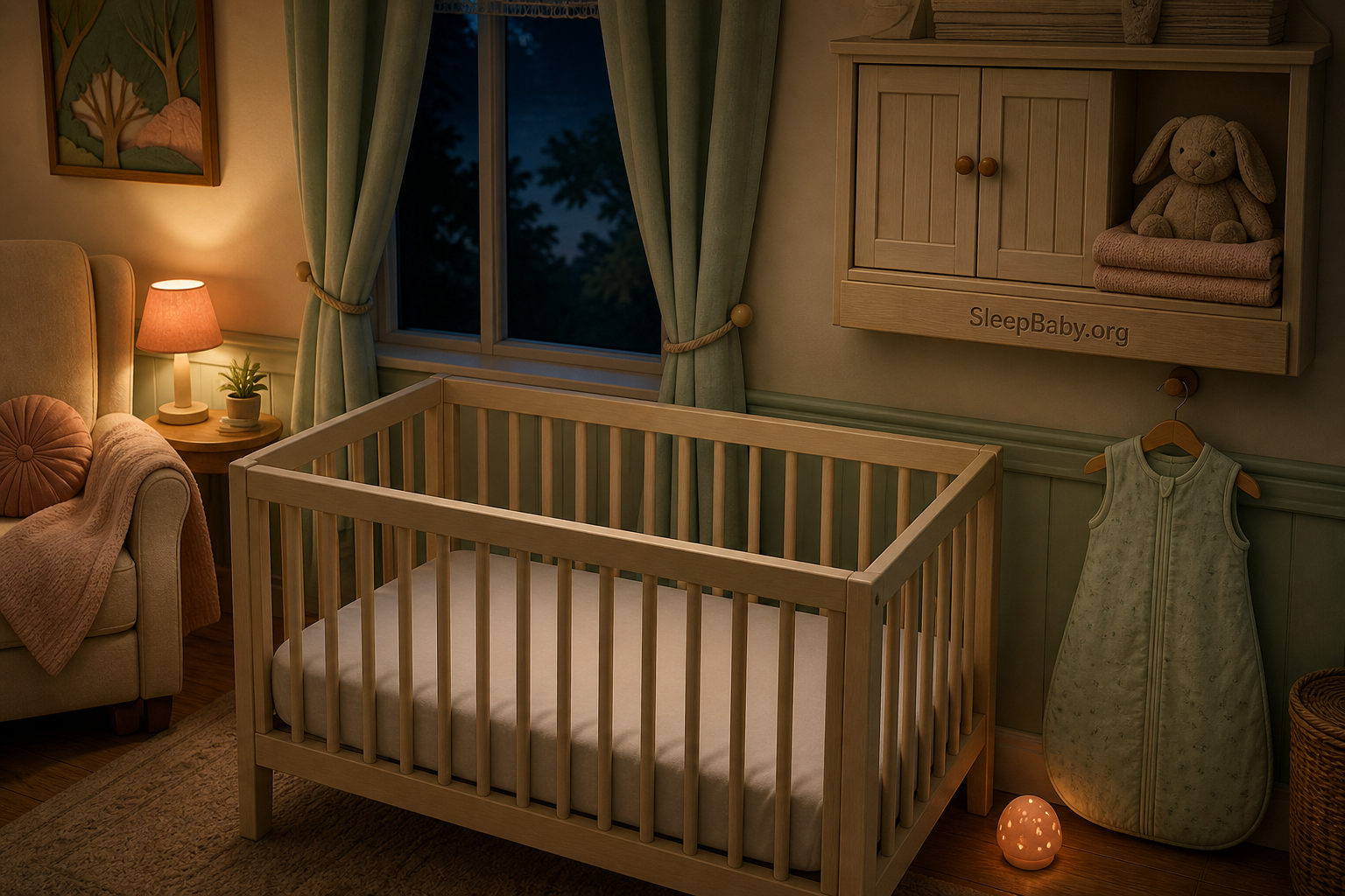 Bare wooden crib with only a fitted sheet while a folded blanket and toy are stored safely outside the sleep space