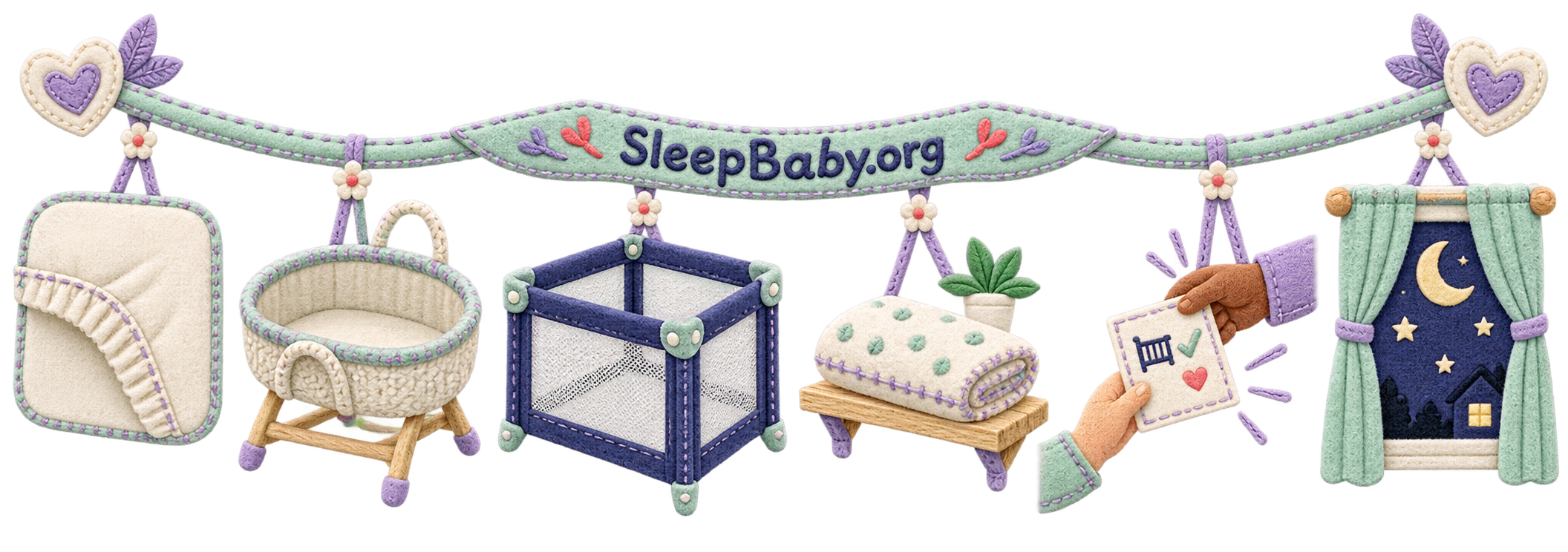 Transparent textile teaching rail comparing a fitted-sheet-only crib, bassinet, and play yard with a blanket stored outside the sleep space