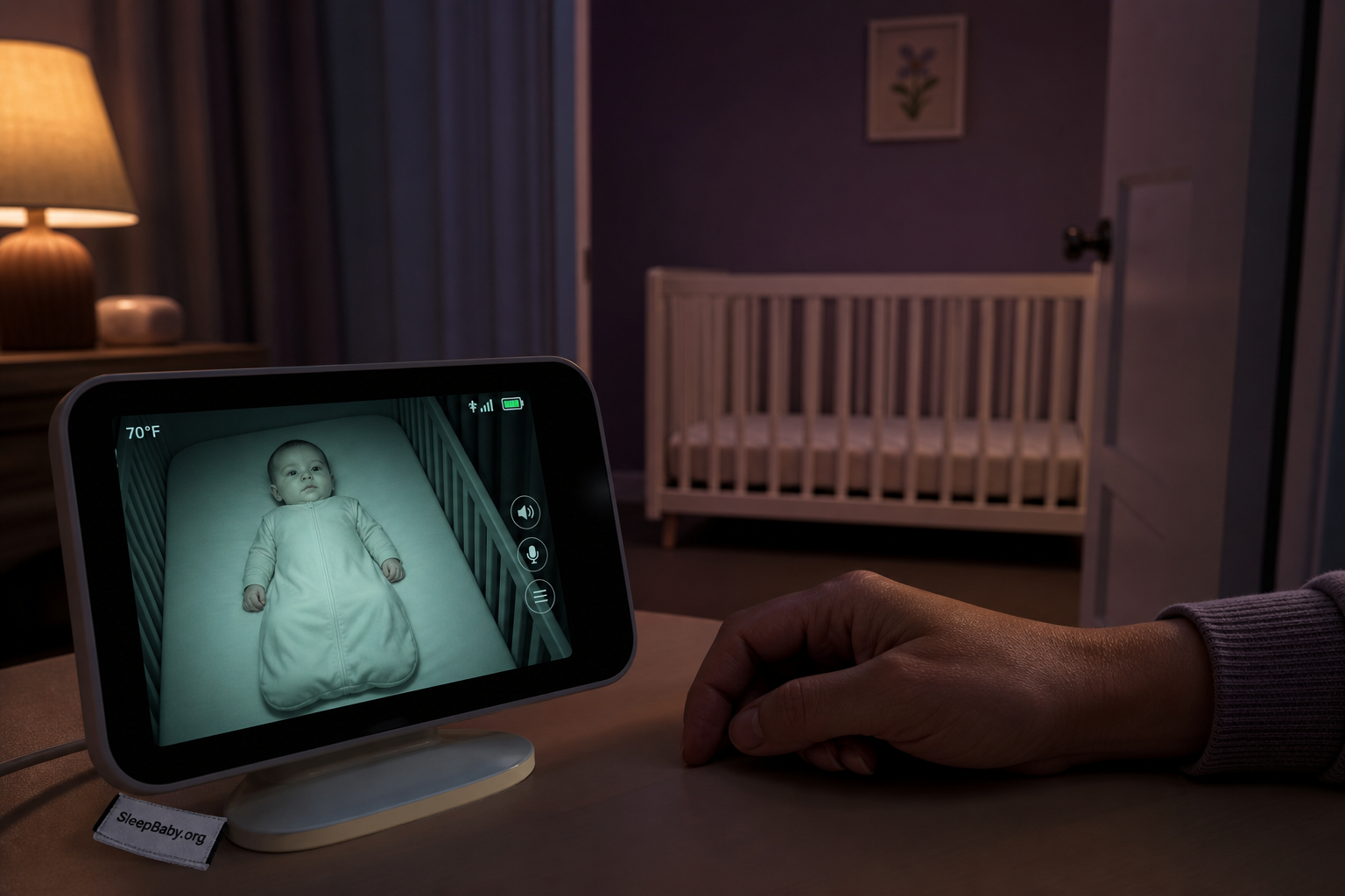 Baby monitor showing an infant sleeping on their back in a bare crib after loose bedding has been removed